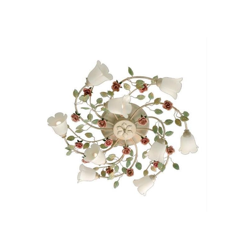 LADY PLAFONIERA CLASSICA 9 LUCI IN METALLO AVORIO CON DIFFUSORI IN VETRO E DECORI FLOREALI Padana Lampadari - Cristalensi Shop O