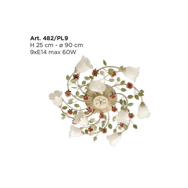 LADY PLAFONIERA CLASSICA 9 LUCI IN METALLO AVORIO CON DIFFUSORI IN VETRO E DECORI FLOREALI Padana Lampadari - Cristalensi Shop O