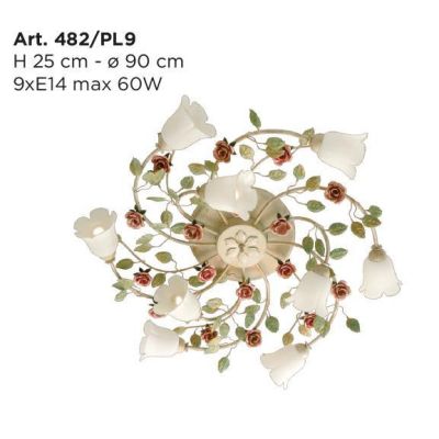 LADY PLAFONIERA CLASSICA 9 LUCI IN METALLO AVORIO CON DIFFUSORI IN VETRO E DECORI FLOREALI Padana Lampadari - Cristalensi Shop O