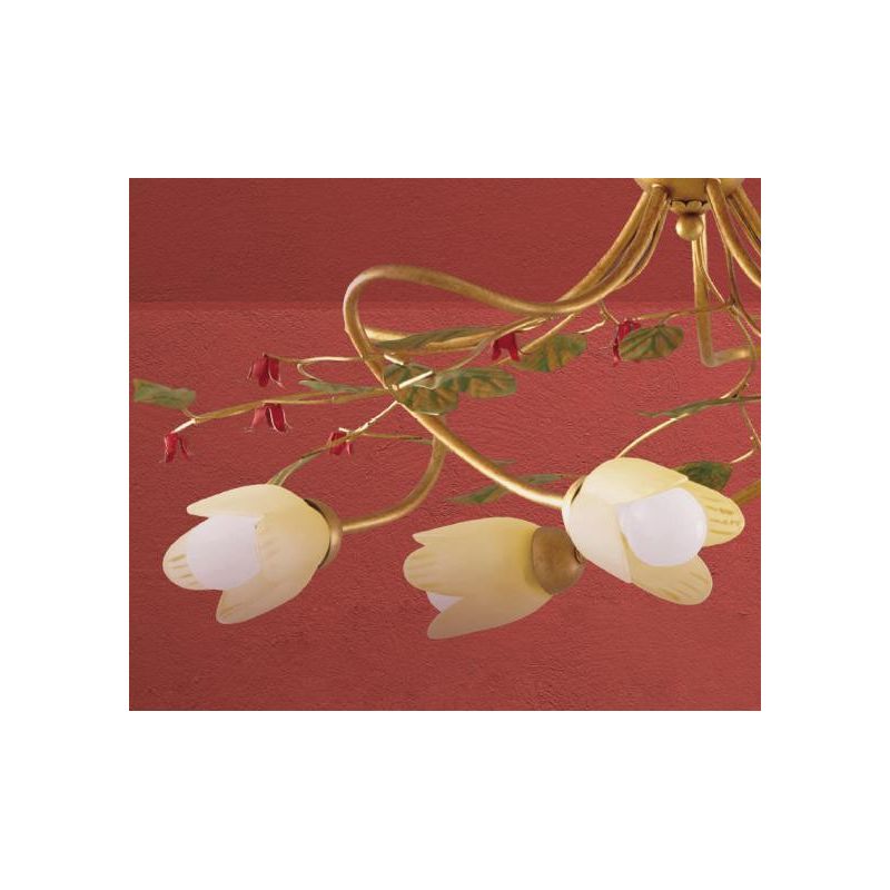 CARLOTTA LAMPADARIO 5 LUCI CLASSICO IN METALLO ORO CON DIFFUSORI IN VETRO AMBRA DECORI FLOREALI Padana Lampadari - Cristalensi S