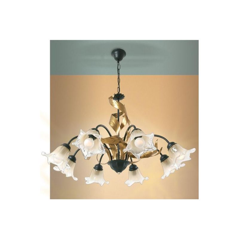 MELISSA LAMPADARIO CLASSICO 8 LUCI IN METALLO ANTRACITE CON FOGLIE ORO E DIFFUSORI IN VETRO Padana Lampadari - Cristalensi Shop 