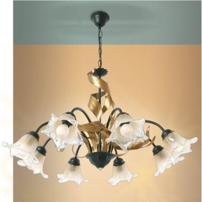 MELISSA LAMPADARIO CLASSICO 8 LUCI IN METALLO ANTRACITE CON FOGLIE ORO E DIFFUSORI IN VETRO Padana Lampadari - Cristalensi Shop 