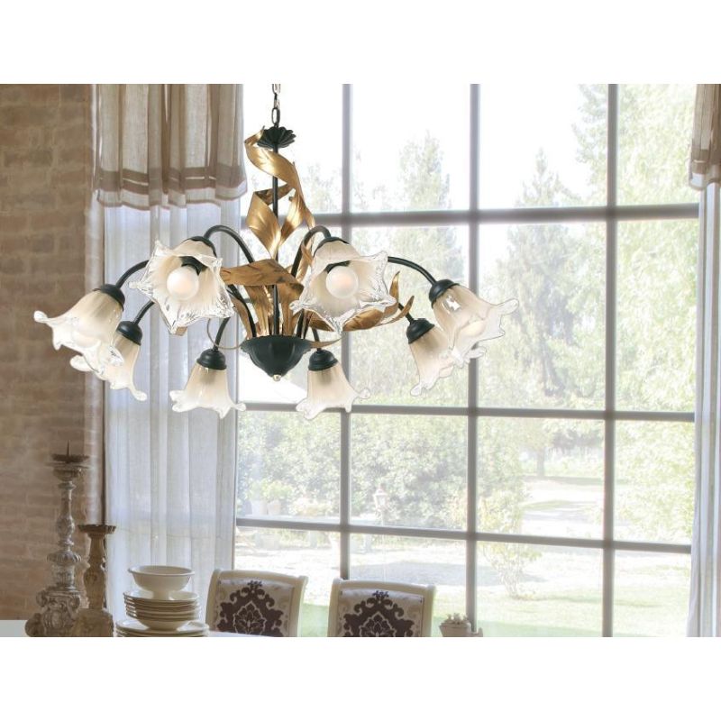 MELISSA LAMPADARIO CLASSICO 8 LUCI IN METALLO ANTRACITE CON FOGLIE ORO E DIFFUSORI IN VETRO Padana Lampadari - Cristalensi Shop 