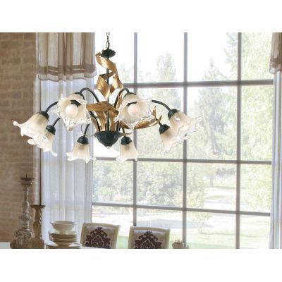 MELISSA LAMPADARIO CLASSICO 8 LUCI IN METALLO ANTRACITE CON FOGLIE ORO E DIFFUSORI IN VETRO Padana Lampadari - Cristalensi Shop 