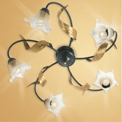 MELISSA PLAFONIERA CLASSICA 5 LUCI IN METALLO ANTRACITE CON FOGLIE ORO E DIFFUSORI IN VETRO Padana Lampadari - Cristalensi Shop 