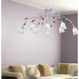 CARISMA SOSPENSIONE 8 LUCI METALLO CROMO CON DECORI IN CRISTALLO COLORATO E DIFFUSORI IN VETRO Padana Lampadari - Cristalensi Sh 2