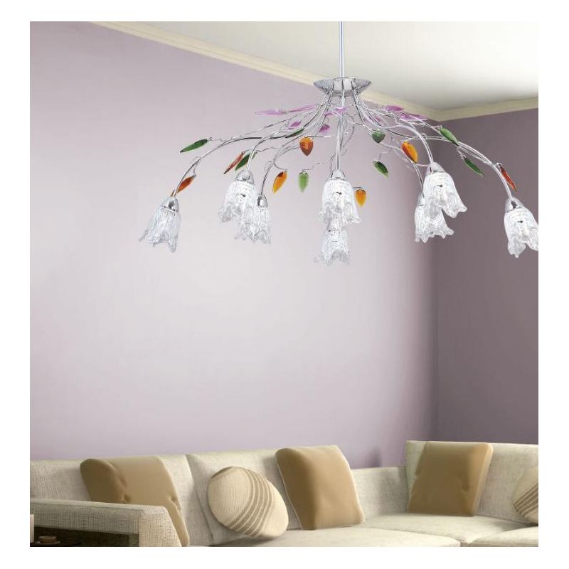 CARISMA SOSPENSIONE 8 LUCI METALLO CROMO CON DECORI IN CRISTALLO COLORATO E DIFFUSORI IN VETRO Padana Lampadari - Cristalensi Sh