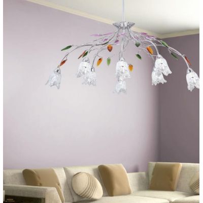 CARISMA SOSPENSIONE 8 LUCI METALLO CROMO CON DECORI IN CRISTALLO COLORATO E DIFFUSORI IN VETRO Padana Lampadari - Cristalensi Sh