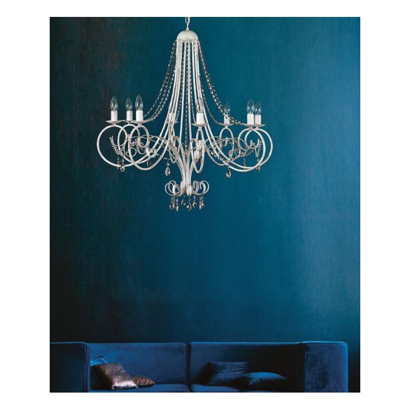 LORD KRISS LAMPADARIO A BRACCI 8 LUCI IN METALLO BIANCO PATINATO ORO CON DECORI IN CRISTALLO Padana Lampadari - Cristalensi Shop