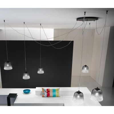 ALICE 6 LUCI SOSPENSIONE DECENTRATA IN METALLO NERO E VETRI BALLOTON FUME DELLA GEA LUCE GEA LUCE - Cristalensi Shop Online