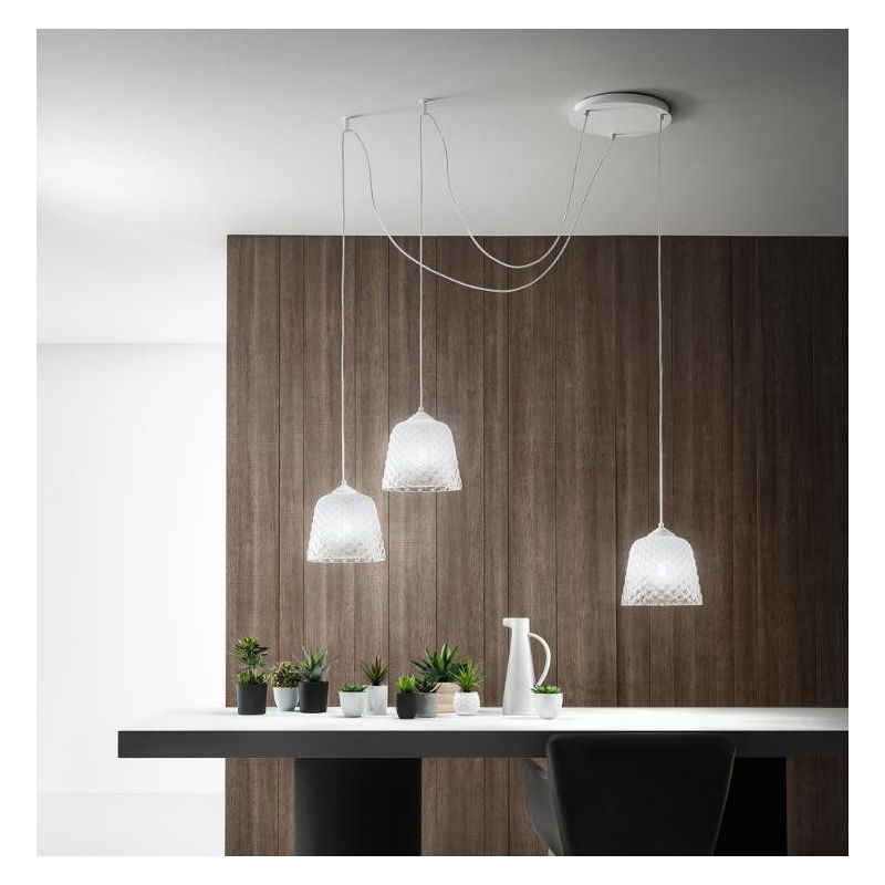 ALICE 3 LUCI SOSPENSIONE DECENTRATA IN METALLO BIANCO E VETRI BALLOTON BIANCHI DELLA GEA LUCE GEA LUCE - Cristalensi Shop Online