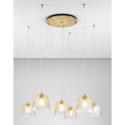 ALICE 6 LUCI SOSPENSIONE DECENTRATA IN METALLO ORO E VETRI BALLOTON AMBRATI DELLA GEA LUCE GEA LUCE - Cristalensi Shop Online