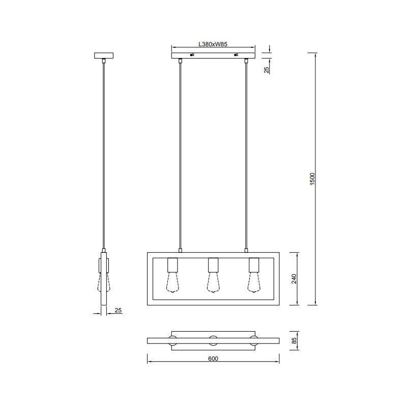 AGRA 3 SOSPENSIONE RETTANGOLARE IN LEGNO CON 3 LAMPADINE A VISTA ATTACCO E27 MODERNA TRIO LIGHTING - Cristalensi Shop Online