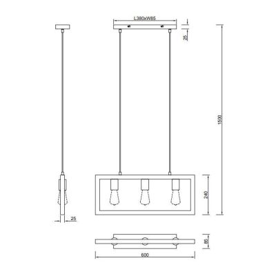 AGRA 3 SOSPENSIONE RETTANGOLARE IN LEGNO CON 3 LAMPADINE A VISTA ATTACCO E27 MODERNA TRIO LIGHTING - Cristalensi Shop Online