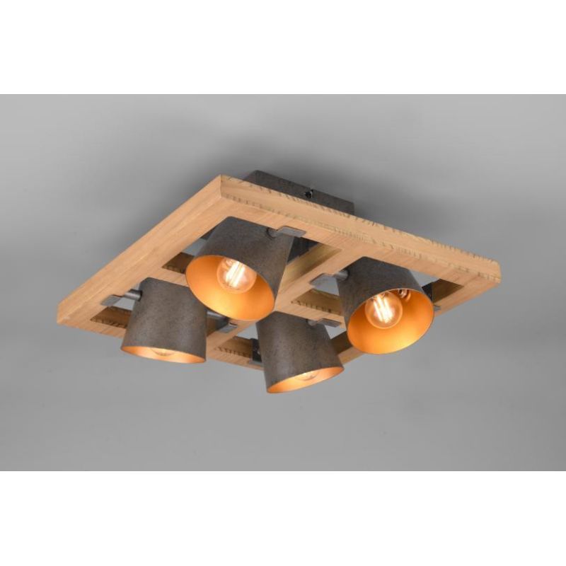BELL PLAFONIERA VINTAGE IN LEGNO QUADRATA CON 4 SPOT IN METALLO ORIENTABILI CM 39X39 TRIO LIGHTING - Cristalensi Shop Online