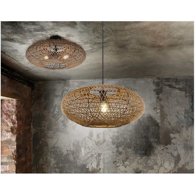 HEDDA PLAFONIERA VINTAGE D52 IN FIBRA SISAL MARRONE E MONTATURA IN METALLO NERO ATTACCO 2XE27 TRIO LIGHTING - Cristalensi Shop O