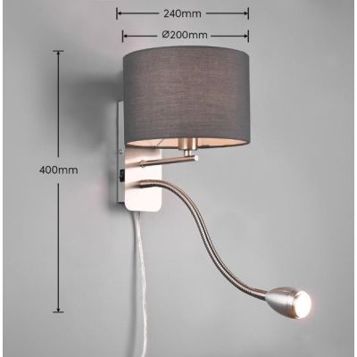 HOTEL APPLIQUE NICHEL CON PARALUME IN TESSUTO GRIGIO,BIANCO O NERO BRACCIO ORIENTABILE LED 3W DA LETTURA TRIO LIGHTING - Cristal