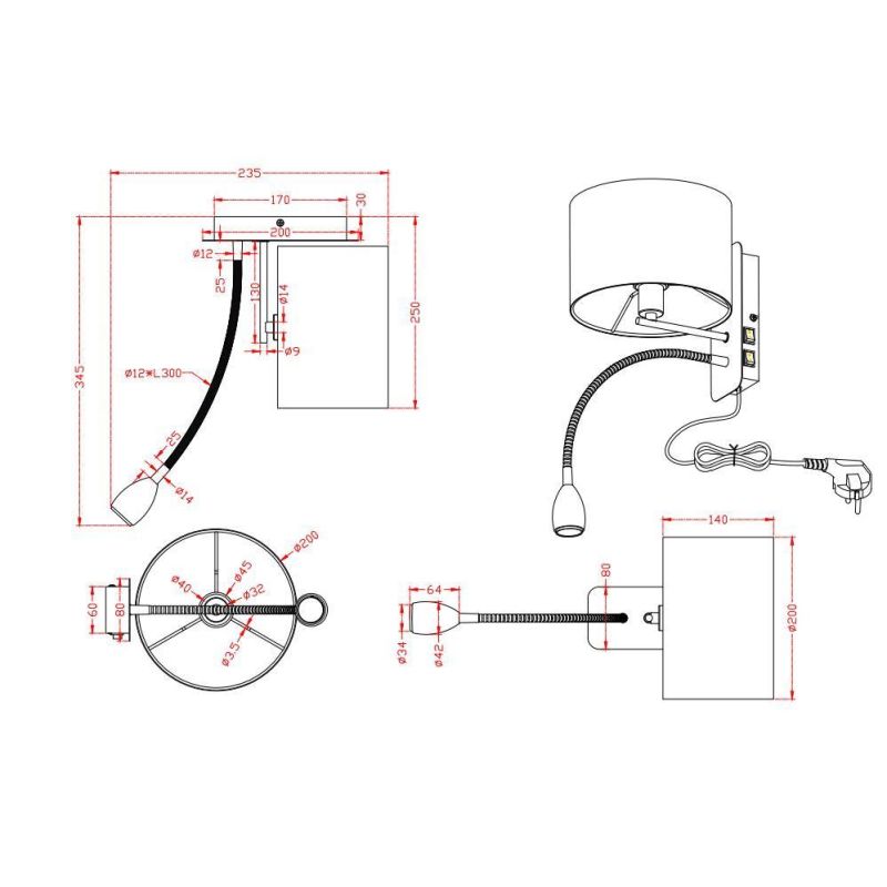 HOTEL APPLIQUE NICHEL CON PARALUME IN TESSUTO GRIGIO,BIANCO O NERO BRACCIO ORIENTABILE LED 3W DA LETTURA TRIO LIGHTING - Cristal