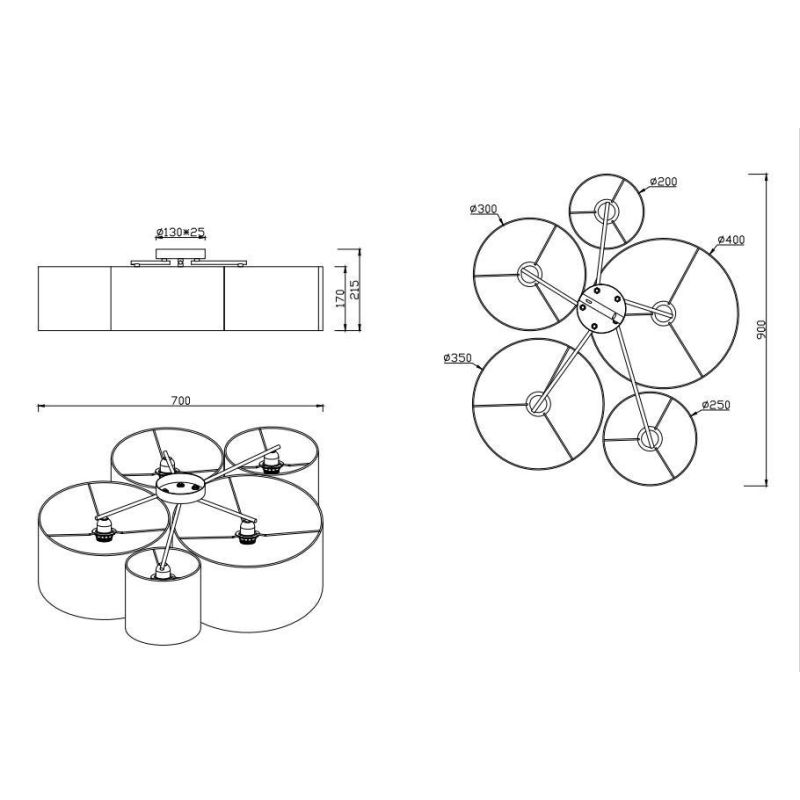 HOTEL PLAFONIERA MODERNA CON 5 PARALUMI MULTICOLOR IN TESSUTO LARGHEZZA CM 90 ATTACCO 5XE27 TRIO LIGHTING - Cristalensi Shop Onl