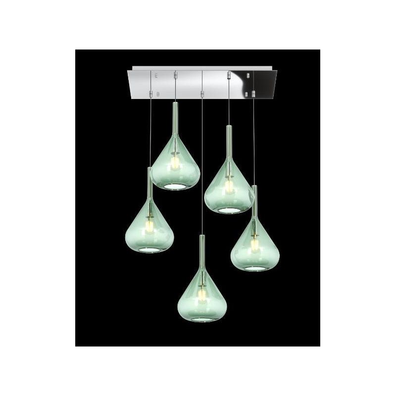 KONA SOSPENSIONE RETTANGOLARE CON BASE CROMO E CON 5 DIFFUSORI A CONO IN VETRO COLORATO Top Light Illuminazione - Cristalensi Sh