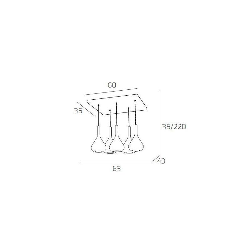 KONA SOSPENSIONE RETTANGOLARE CON BASE CROMO E CON 5 DIFFUSORI A CONO IN VETRO COLORATO Top Light Illuminazione - Cristalensi Sh