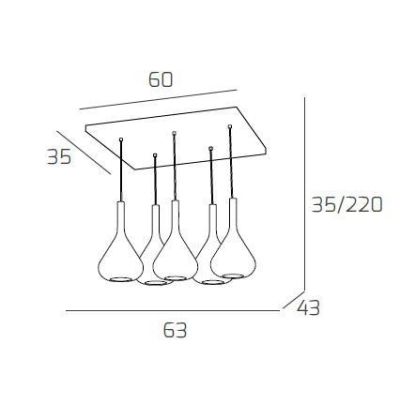 KONA SOSPENSIONE RETTANGOLARE CON BASE CROMO E CON 5 DIFFUSORI A CONO IN VETRO COLORATO Top Light Illuminazione - Cristalensi Sh