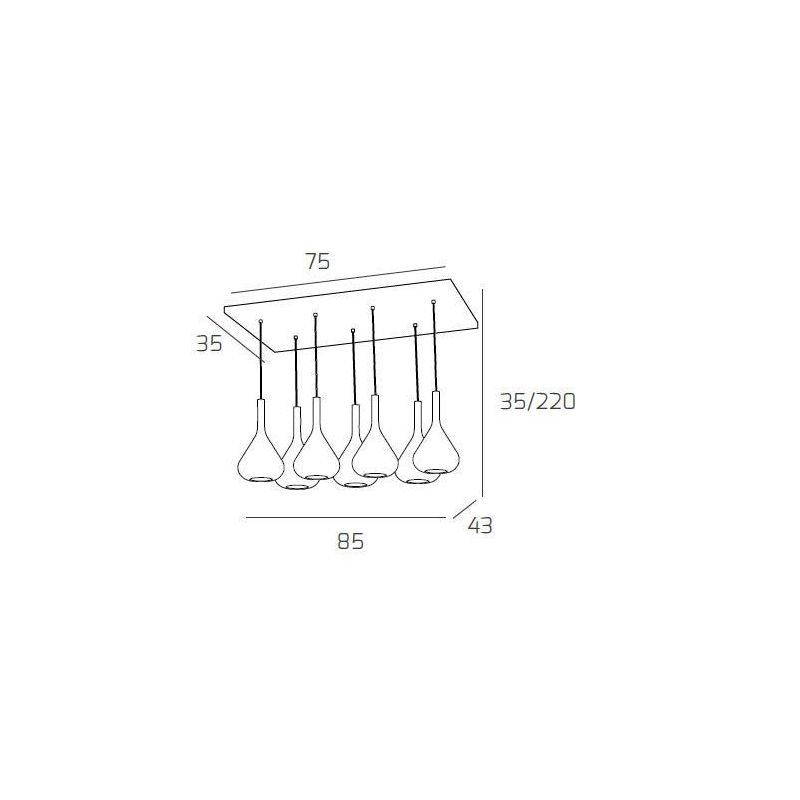 KONA SOSPENSIONE RETTANGOLARE CON BASE BIANCA E CON 7 DIFFUSORI A CONO IN VETRO COLORATO Top Light Illuminazione - Cristalensi S