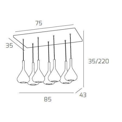 KONA SOSPENSIONE RETTANGOLARE CON BASE BIANCA E CON 7 DIFFUSORI A CONO IN VETRO COLORATO Top Light Illuminazione - Cristalensi S