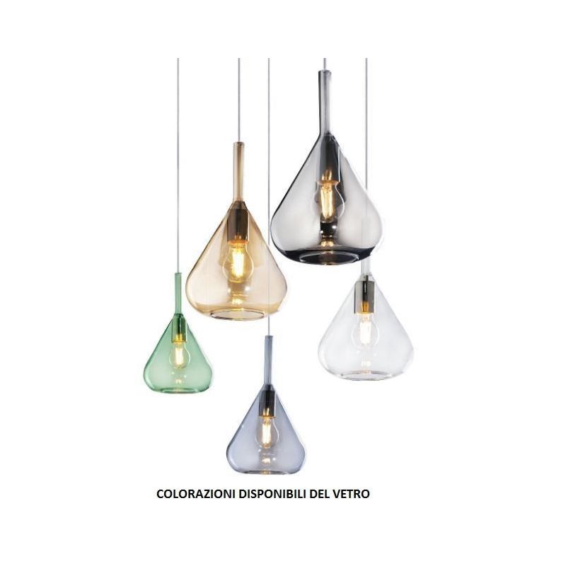KONA SOSPENSIONE ROTONDA D40 IN METALLO CROMO CON 5 DIFFUSORI A CONO IN VETRO COLORATO Top Light Illuminazione - Cristalensi Sho