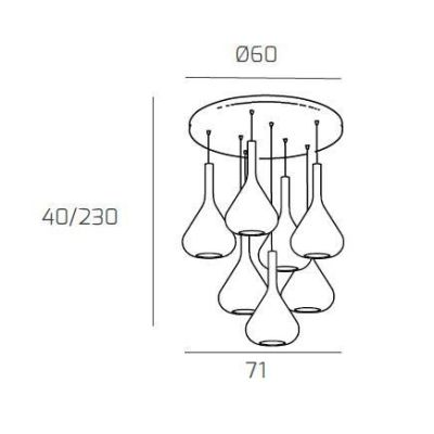 KONA SOSPENSIONE ROTONDA D60 IN FINITURA OTTONE CON 8 DIFFUSORI A CONO IN VETRO COLORATO Top Light Illuminazione - Cristalensi S