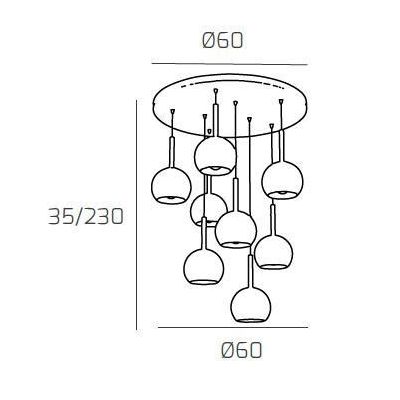 FUTURE SOSPENSIONE MODERNA D60 FINITURA CROMO CON 8 DIFFUSORI A SFERA IN VETRO COLORATO Top Light Illuminazione - Cristalensi Sh