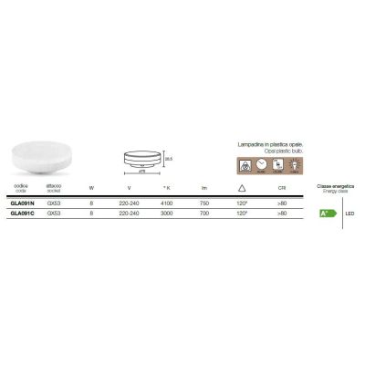 LAMPADINA LED GX53 LED 8W LUCE DIFFUSA 3000K O 4000K ALIMENTATA A 23OV GEA LUCE - Cristalensi Shop Online