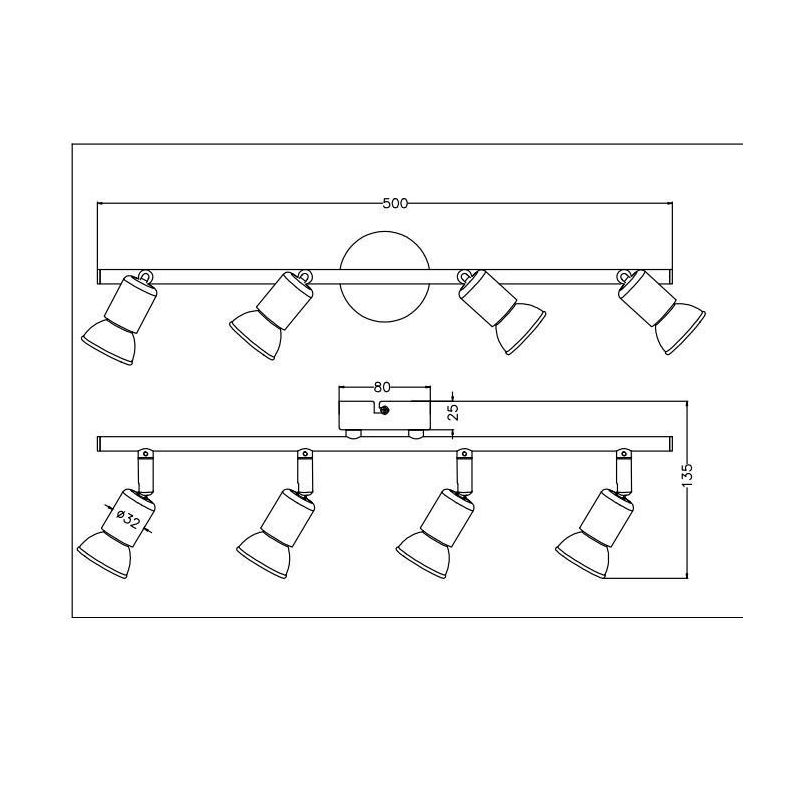 PARIS FARETTO DA SOFFITTO CON 4 SPOT LED GU10 CON SNODI BIANCO, ACCIAIO O NERO LARGHEZZA CM 50 RL - Cristalensi Shop Online