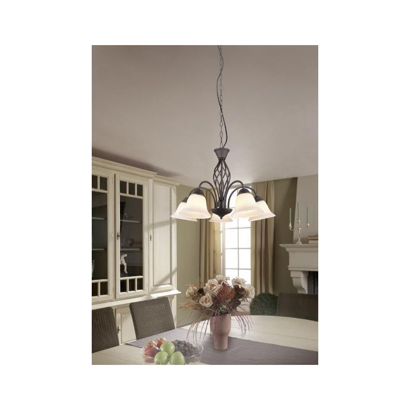 RUSTICA LAMPADARIO A 5 LUCI IN METALLO COLOR RUGGINE CON DIFFUSORI IN VETRO BIANCO D60 CM TRIO LIGHTING - Cristalensi Shop Onlin