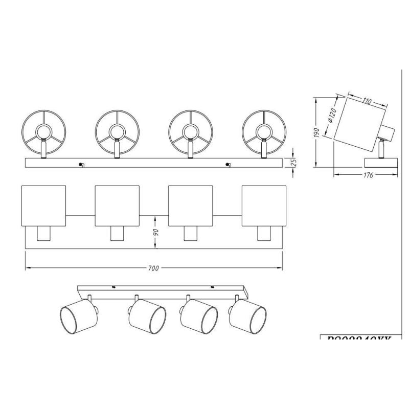 TOMMY BARRA 4 SPOT ORIENTABILI IN METALLO NERO O ACCIAIO SATINATO CON PARALUMI IN TESSUTO L70 CM RL - Cristalensi Shop Online