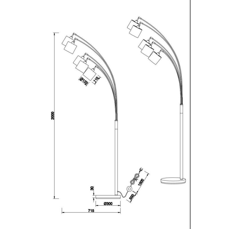 TOMMY PIANTANA AD ARCO METALLO NERO O ACCIAIO SATINATO CON 5 PARALUMI IN TESSUTO CON SNODO H200 CM RL - Cristalensi Shop Online