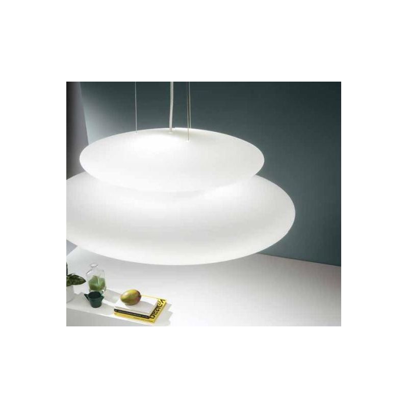 PAGODA SOSPENSIONE MODERNA CON DOPPIO DIFFUSORE IN VETRO SOFFIATO BIANCO DIAMETRO CM 60 ONDALUCE CICIRIELLO - Cristalensi Shop O