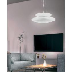 PAGODA SOSPENSIONE MODERNA CON DOPPIO DIFFUSORE IN VETRO SOFFIATO BIANCO DIAMETRO CM 60 ONDALUCE CICIRIELLO - Cristalensi Shop O 2