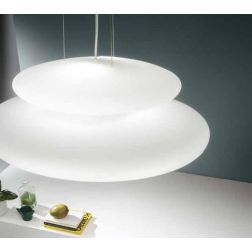 PAGODA SOSPENSIONE MODERNA CON DOPPIO DIFFUSORE IN VETRO SOFFIATO BIANCO DIAMETRO CM 50 ONDALUCE CICIRIELLO - Cristalensi Shop O 2