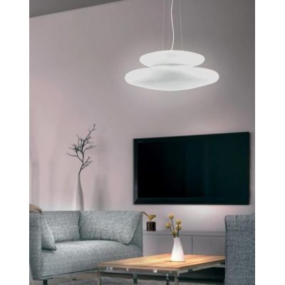 PAGODA SOSPENSIONE MODERNA CON DOPPIO DIFFUSORE IN VETRO SOFFIATO BIANCO DIAMETRO CM 50 ONDALUCE CICIRIELLO - Cristalensi Shop O