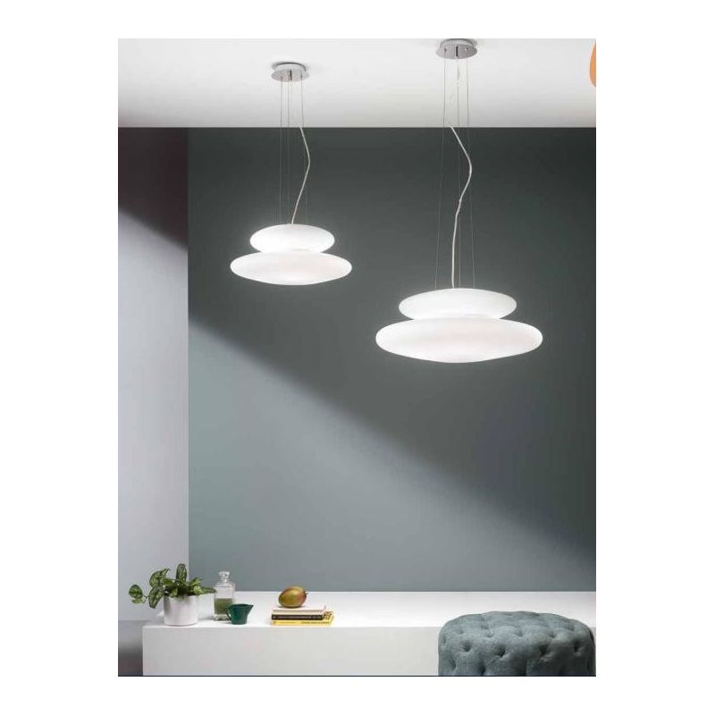PAGODA SOSPENSIONE MODERNA CON DOPPIO DIFFUSORE IN VETRO SOFFIATO BIANCO DIAMETRO CM 50 ONDALUCE CICIRIELLO - Cristalensi Shop O