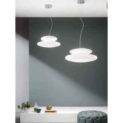 PAGODA SOSPENSIONE MODERNA CON DOPPIO DIFFUSORE IN VETRO SOFFIATO BIANCO DIAMETRO CM 50 ONDALUCE CICIRIELLO - Cristalensi Shop O