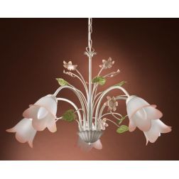 LAMPADARIO 5 LUCI METALLO BIANCO SPENNELLATO ORO E PARALUMI IN VETRO SATINATO SFUMATO ROSA CRISTALENSI LIGHT - Cristalensi Shop