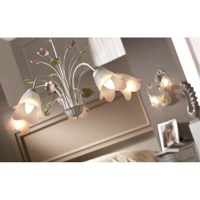 LAMPADARIO 5 LUCI METALLO BIANCO SPENNELLATO ORO E PARALUMI IN VETRO SATINATO SFUMATO ROSA CRISTALENSI LIGHT - Cristalensi Shop