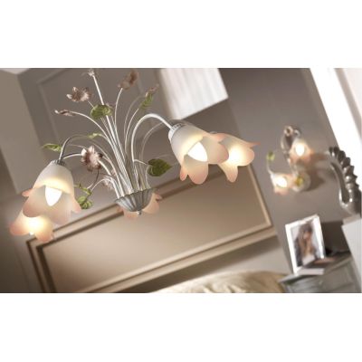 LAMPADARIO 5 LUCI METALLO BIANCO SPENNELLATO ORO E PARALUMI IN VETRO SATINATO SFUMATO ROSA CRISTALENSI LIGHT - Cristalensi Shop