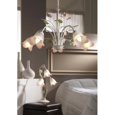 LAMPADARIO 5 LUCI METALLO BIANCO SPENNELLATO ORO E PARALUMI IN VETRO SATINATO SFUMATO ROSA CRISTALENSI LIGHT - Cristalensi Shop