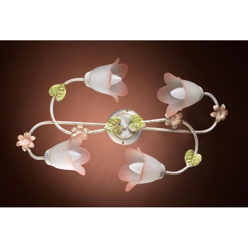 PLAFONIERA 4 LUCI METALLO BIANCO SPENNELLATO ORO E PARALUMI IN VETRO SATINATO SFUMATO ROSA CRISTALENSI LIGHT - Cristalensi Shop