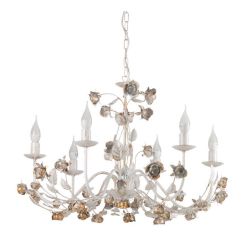 LAMPADARIO 6 LUCI CLASSICO IN FERRO BATTUTO AVORIO CON DECORI FLOREALI D70 CM CRISTALENSI LIGHT - Cristalensi Shop Online