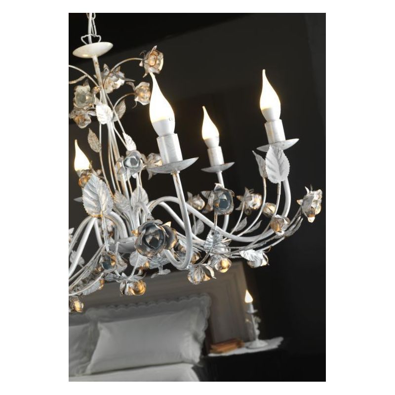 LAMPADARIO 6 LUCI CLASSICO IN FERRO BATTUTO AVORIO CON DECORI FLOREALI D70 CM CRISTALENSI LIGHT - Cristalensi Shop Online