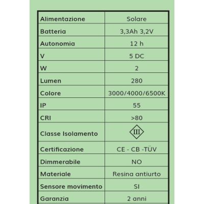 FIORINA PALO DA ESTERNO IP55 AD ENERGIA SOLARE E CON SENSORE DI MOVIMENTO BIANCO DARK LIGHT - Cristalensi Shop Online